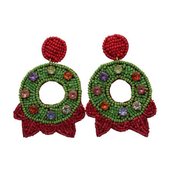 Kay Lee Christmas Wreath Seed Bead Earrings - Picture 2 of 2